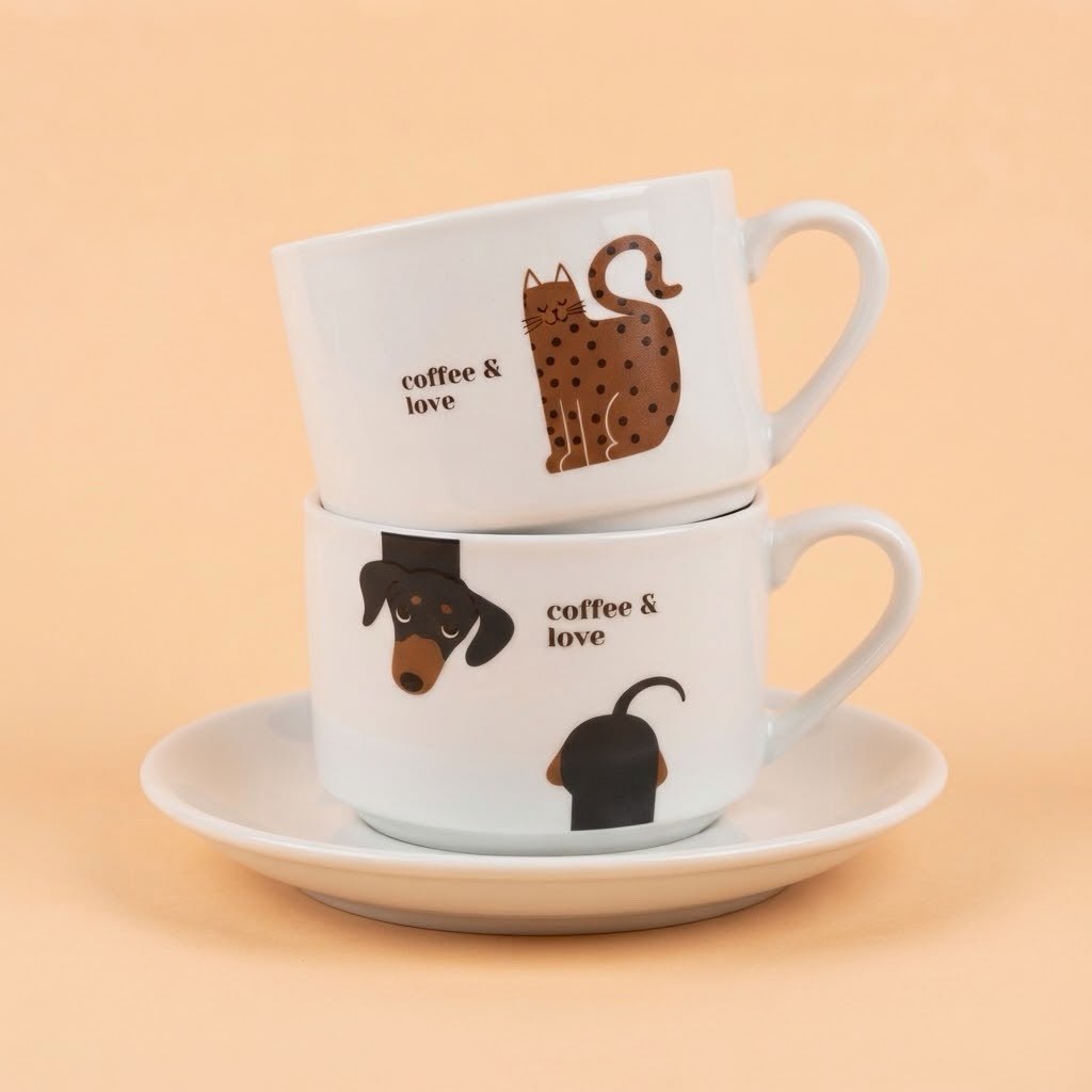 Dve bele šolje sa crtežom mačke i psa jazavičara, natpis coffee & love